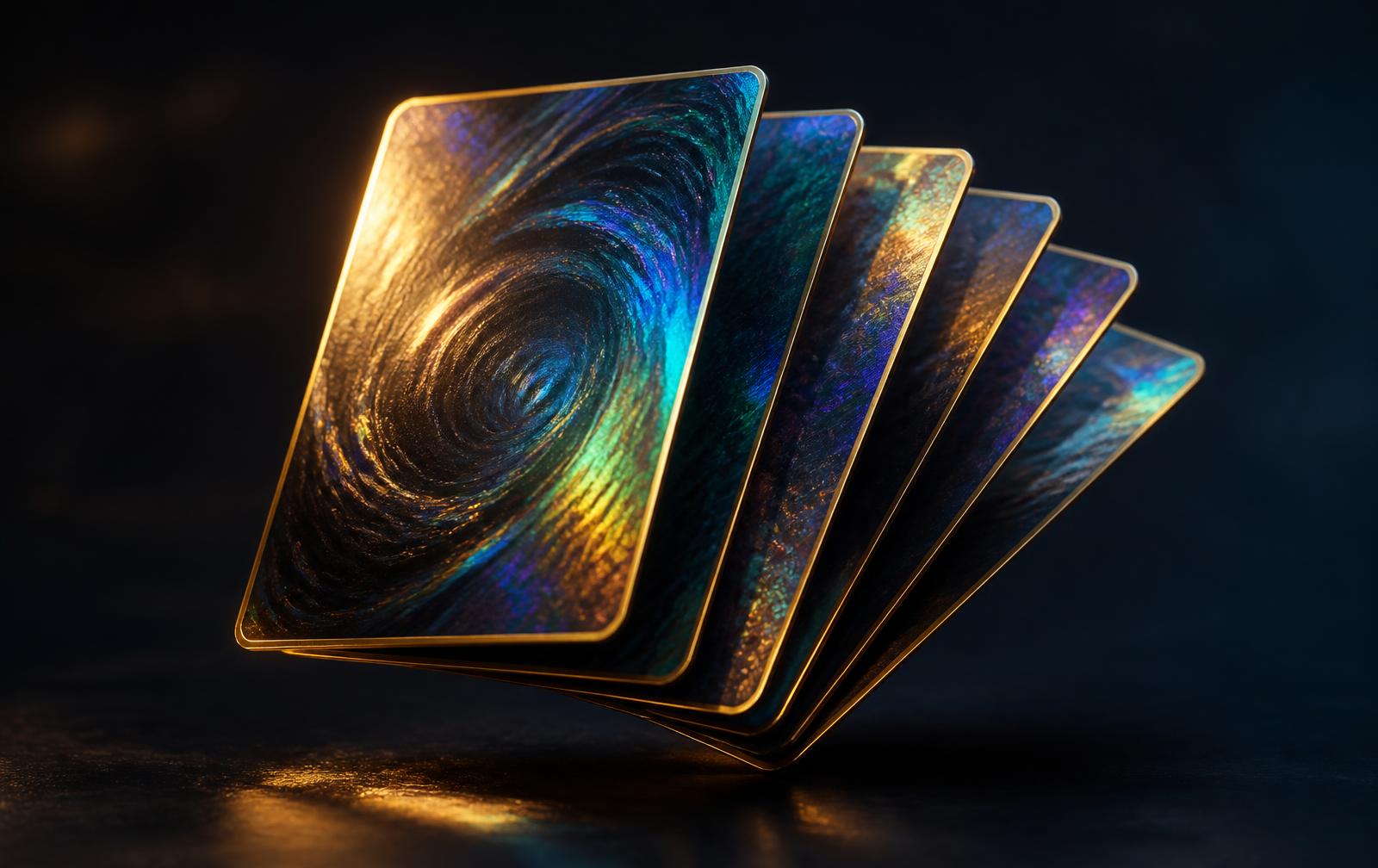 Holographic trading cards fanned out on a dark surface